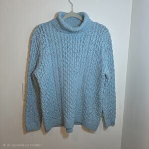 Land's End Blue Wave Cable Chunky Knit Aran Wool Sweater Sz XL Petite Fisherman